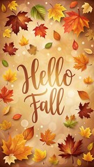 Welcome Autumn card. Hello Fall is written framed by with stack autumn leaves. Colorful autumn poster with bright beautiful foliage, paper cut style leaves. I love fall