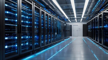 Fototapeta premium Data center with illuminated server racks and cable management systems at night