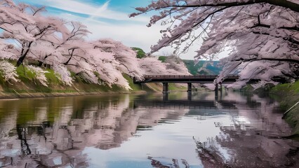 A tranquil riverside lined with cherry blossom trees in full bloom, their pink petals gently falling onto the calm water below, with a wooden bridge arching gracefully over the river.