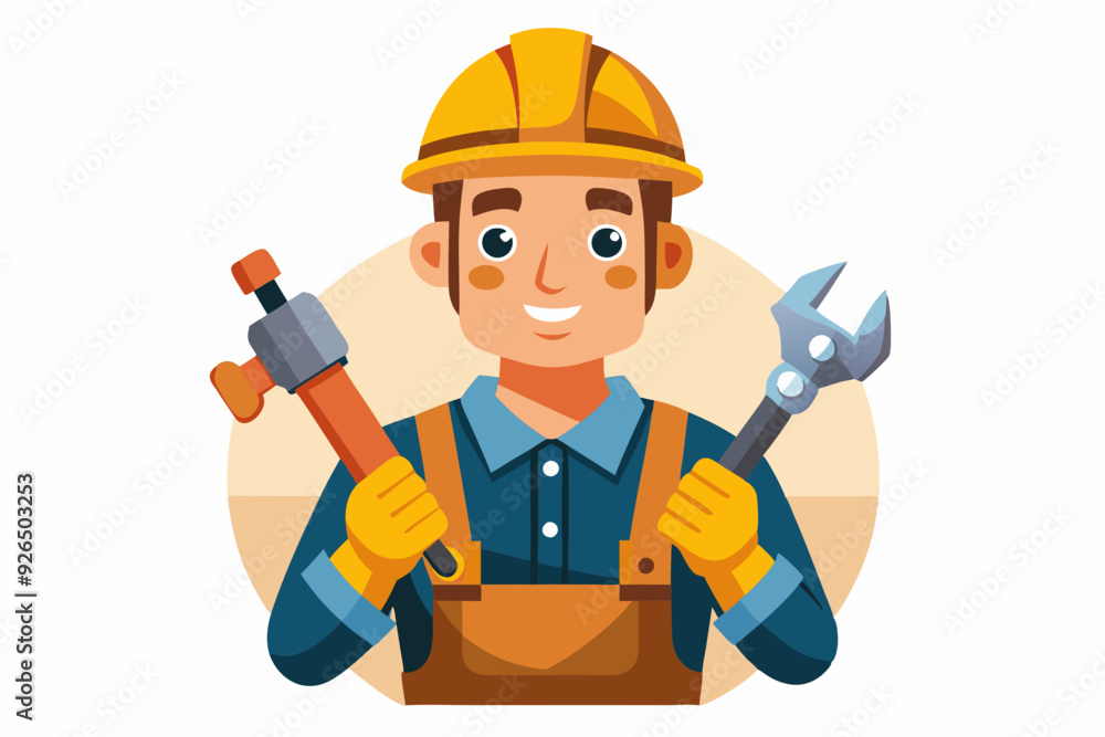 Wall mural builder man in a hard hat and with tools. foreman or construction worker on a white background