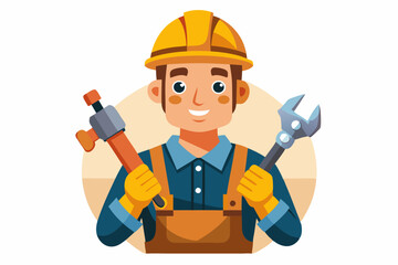 Builder man in a hard hat and with tools. Foreman or construction worker on a white background
