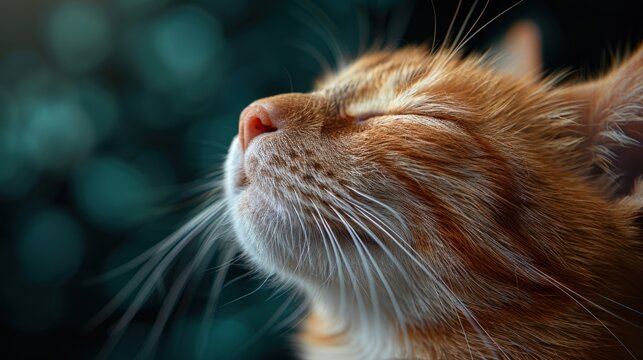 A close-up of a content orange tabby cat basking in soft light, feeling relaxed and tranquil