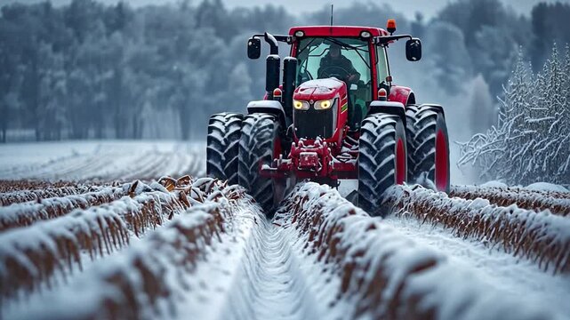 In winter, a farmer uses a tractor to sow crops in agricultural areas. 