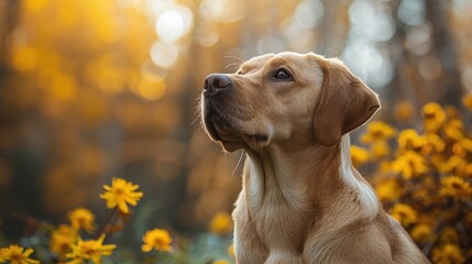 Golden retriever sitting among yellow flowers in a sunlit autumn forest