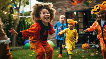 Kids in Halloween costumes, playing party games at a celebration.