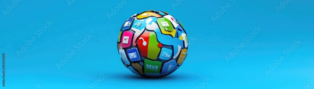 Poster a 3d globe with search engine icons orbiting around it, symbolizing global internet connectivity