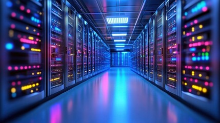 A vast modern data center with rows of blinking servers, blue ambient lighting,