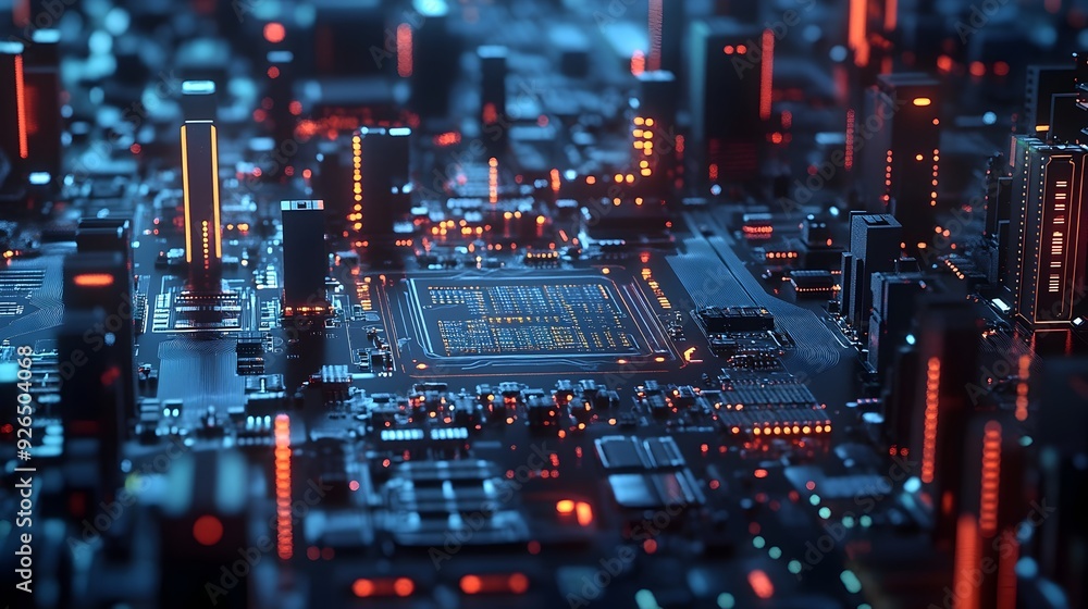 Poster engineer designing circuit boards for innovative products in 3d rendering