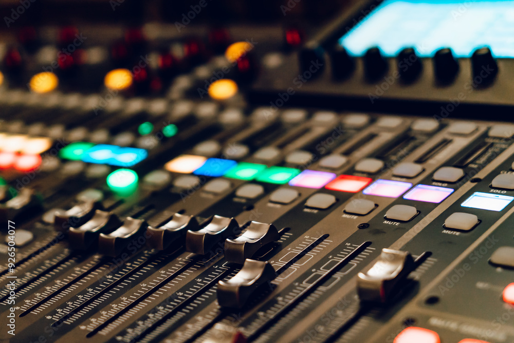 Wall mural control panel with colorful lights during a live sound mixing session. a detailed view of a sound mi