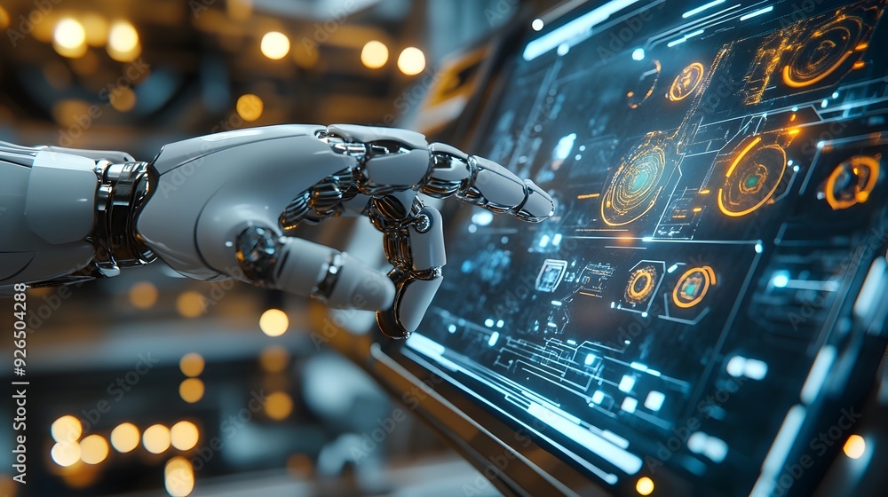 Poster engineer programming robotic arms for precision industrial tasks
