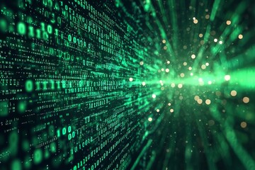 Naklejka premium Green Dark Binary Code with Data Streaming Background created with Generative AI