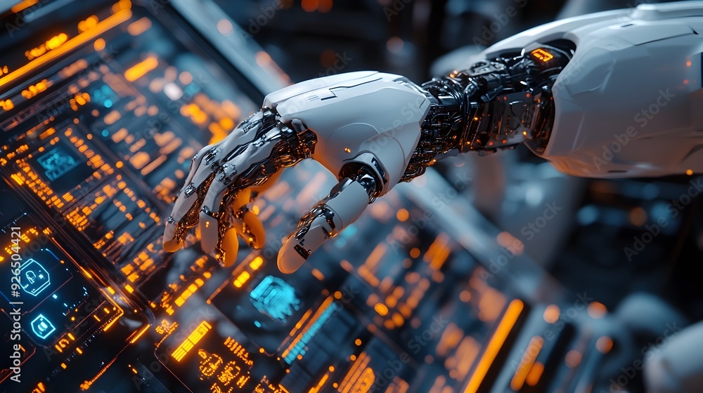 Poster engineer programming robotic arms for precision industrial tasks