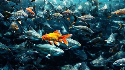 Golden Individuality: A single goldfish stands out amidst a school of silver fish, embodying uniqueness and individuality in a vibrant underwater scene.  
