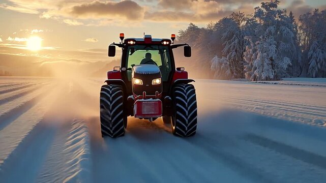 In winter, a farmer uses a tractor to sow crops in agricultural areas. 