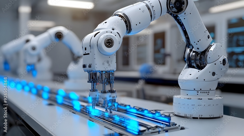 Poster the engineer programing robotic arms for precise industrial tasks
