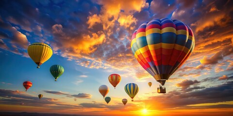 Obraz premium Hot air balloons floating gracefully in the sky at sunset , adventure, colorful, peaceful, travel, sky, evening, sun, horizon