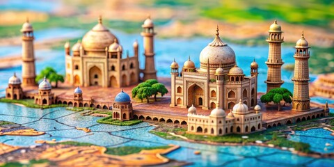 Fototapeta premium Miniature map showcasing iconic Indian landmarks and cultural treasures, India, travel, tourism, miniature, map