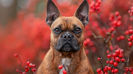 Obraz premium A brown dog with expressive eyes stands among vibrant red berries in a garden during autumn