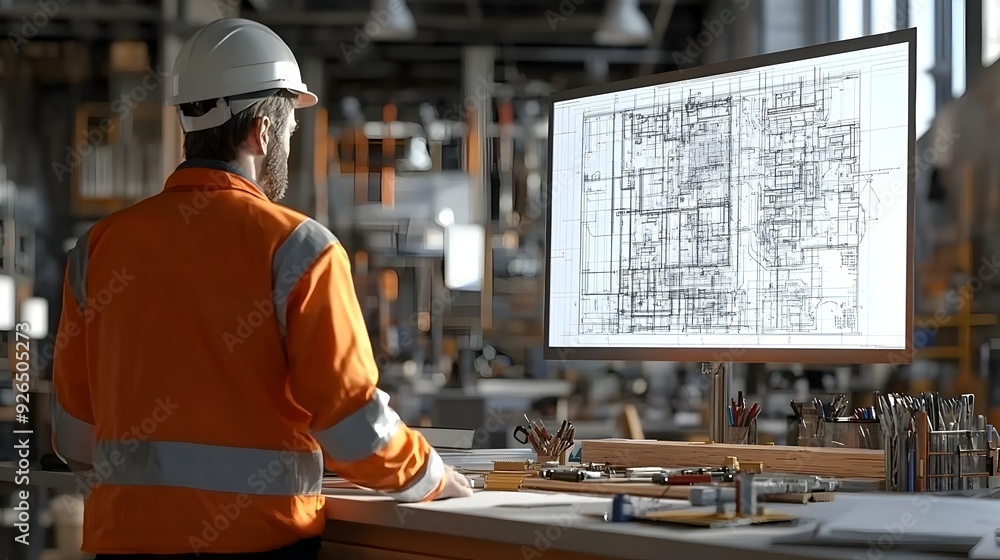Poster professional engineer assessing feasibility of new design in 3d rendering