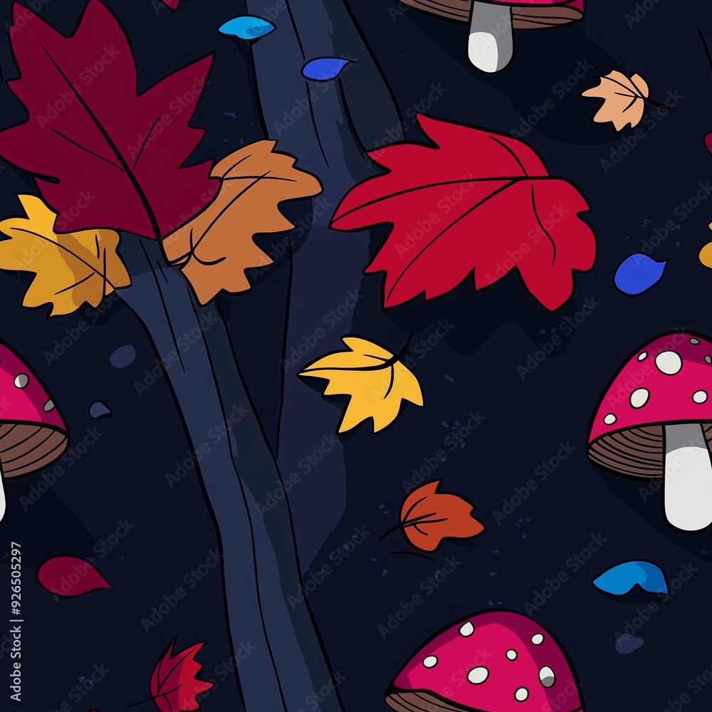 Poster seamless pattern autumn leaves and mushrooms pattern on dark background
