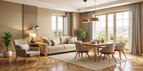 Fototapeta premium Beige home living room with dining table, cozy seating area, and large window, beige, home, living room, interior