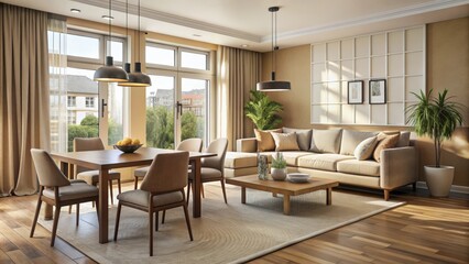 Fototapeta premium Beige living room interior with dining table, cozy seating area, and large window, beige, home, living room