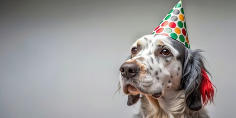 English Setter dog wearing a festive party hat , dog, English Setter, pet, animal, celebrate, party, hat, cute, fun, playful