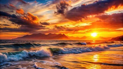 Obraz premium Vibrant sunset over ocean with orange sky, mountains, and waves crashing, sunset, ocean, orange sky, mountains, waves, water