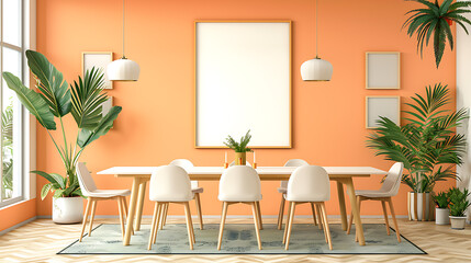 Modern dining room interior with a large framed picture, white chairs, a rug, and orange walls, accented with potted plants.