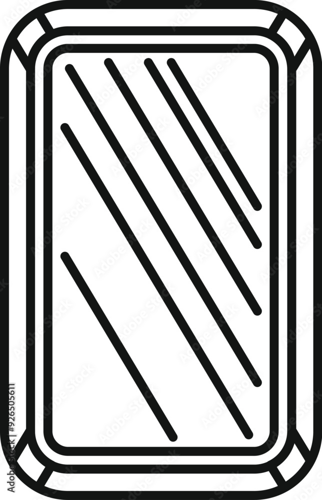 Poster rectangular mirror with beveled edges is reflecting light, depicted in a sleek line art style
