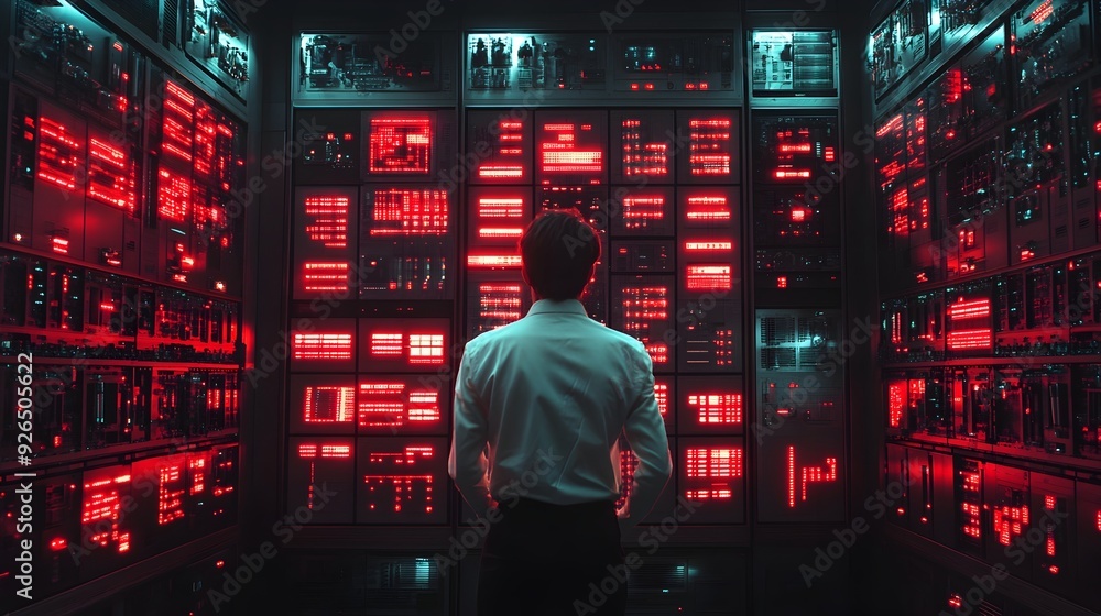 Poster a 3d rendered image of an engineer verifying the system s redundancy features for industrial process