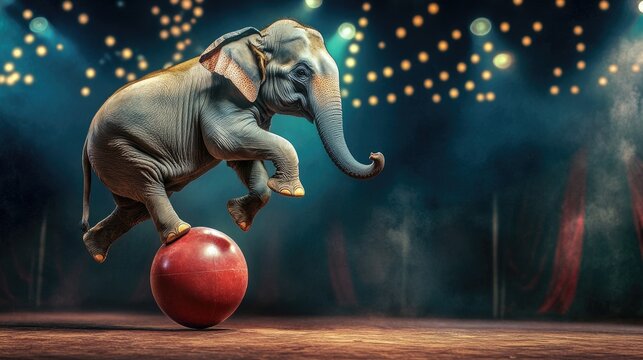 Elephant performing a balancing act on a ball, capturing the magic and entertainment of the circus with a playful atmosphere