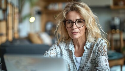 Obraz premium Busy mature middle aged professional business woman manager executive looking at laptop 