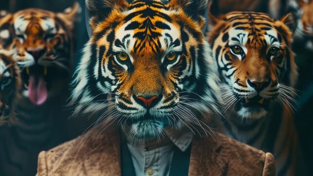 The Tiger's Gaze: A powerful and captivating image of a tiger in a suit, surrounded by other tigers,  representing strength, leadership, and wildness in a modern context. The image is both intimidatin