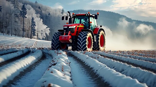 In winter, a farmer uses a tractor to sow crops in agricultural areas. 