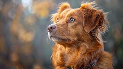 A golden retriever mix gazes thoughtfully in a sunlit park during autumn