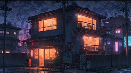 Fototapeta premium Cyberpunk Single House: Lofi Anime Style Urban Dwelling