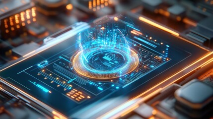 Obraz premium Top-down view of a futuristic data center with holographic interfaces,