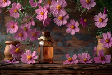 Fototapeta premium Rustic Herbal Essence Bottle with Pink Wildflowers on Wooden Surface Perfect for Spa, Wellness, and Nature-Themed Designs