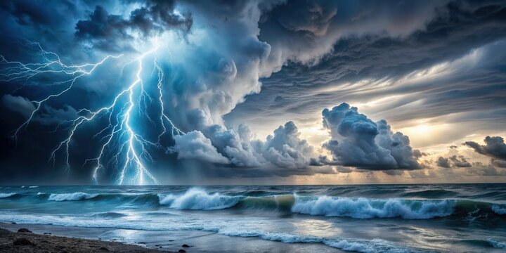 Dramatic storm over ocean with lightning and crashing waves, storm, ocean, lightning, waves, dramatic, dark, powerful, fury