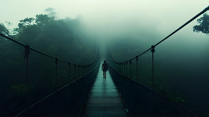 Obraz premium Mysterious Person Walking on a Foggy Suspension Bridge