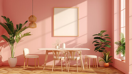 A minimalist dining room with a pink wall, a large picture frame, and wooden chairs.