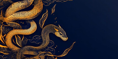 Obraz premium Enchanting 2025 Lunar New Year: Abstract Creative Snake Zodiac Design with Floral Motifs and Lanterns. Golden Serpent on Deep Blue Background for Festive Marketing, Web Posters, and Dreamy 4K Wallpape