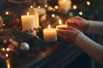 Close-up of hands lighting white candles on a decorated mantel with festive greens and ornaments, creating a warm, cozy ambiance.