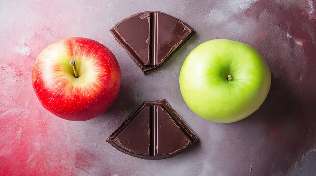 A pair of apples and slices of chocolate, symbolizing the contrast between healthy and indulgent choices
