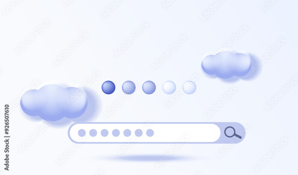 Poster Search engine bar. Searching bar background. Mobile search window. Cartoon web interface with 3d clouds. Finding information online concept. Vector illustration.