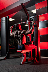 Muscular person doing back exercise at the gym evening. A fit person performs a lat pull-down...