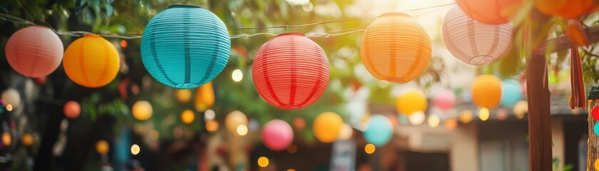 Fototapeta premium Colorful paper lanterns hanging in an outdoor setting, creating a festive and warm atmosphere with bright, vibrant decorations and soft lighting.