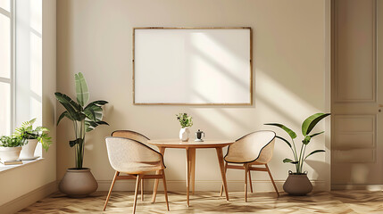 A modern dining room with a wooden table and chairs. The room is decorated in a minimalist style, with beige walls and plants.