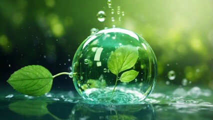 A close-up of a soap bubble with leaves inside. Natural background. Green leaves in soap bubble 